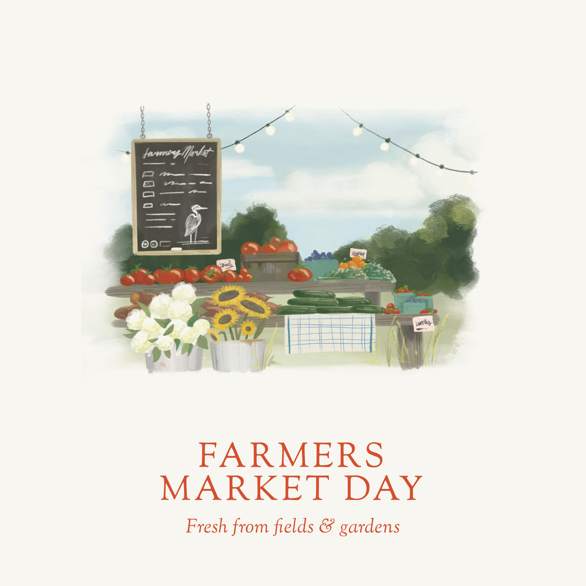 Farmers Market Day illustration. Eastern Shore Co. Scented candle, coconut soy wax, coastal candle, eastern shore, Chesapeake Bay, luxury candle, hand-poured, Maryland, Virginia, candle gift, coastal gift, Farmers Market Day, Farmer’s Market, Farmers Market, Farm, Tomato scent, Tomato leaf, tomato leaf scent, herbal candle, eastern shore farm, fresh herbs, hand-poured in very small batches, Cambridge MD