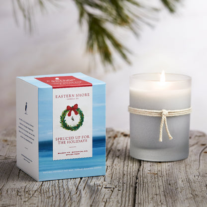 Spruced up for the holidays, holiday scented candle, holiday candle, Christmas candle, Christmas scent, balsam fir, botanical gin, spiced pear, blue spruce scent, Fraser fir scent, Scented candle, coconut soy wax, coastal candle, eastern shore, Chesapeake Bay, luxury candle, hand-poured, Maryland, Virginia