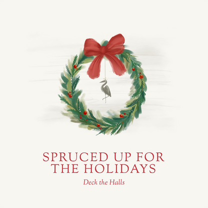 Spruced up for the holidays, holiday scented candle, holiday candle, Christmas candle, Christmas scent, balsam fir, botanical gin, spiced pear, blue spruce scent, Fraser fir scent, Scented candle, coconut soy wax, coastal candle, eastern shore, Chesapeake Bay, luxury candle, hand-poured, Maryland, Virginia