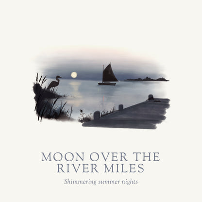 Moon over the River Miles illustration showing Sailboat on the River Miles outside of St. Michaels in MD.  Eastern Shore Co. is based on the Eastern Shore.  All candles are hand poured in very small batches. on the eastern shore. saint michaels, Cambridge MD, moon, moonlight, moonlit, amber scent, jasmine scent, night blooms scent, summer candle, sultry candle, Scented candle, coconut soy wax, coastal candle, eastern shore, Chesapeake Bay, luxury candle, Maryland, Virginia, 