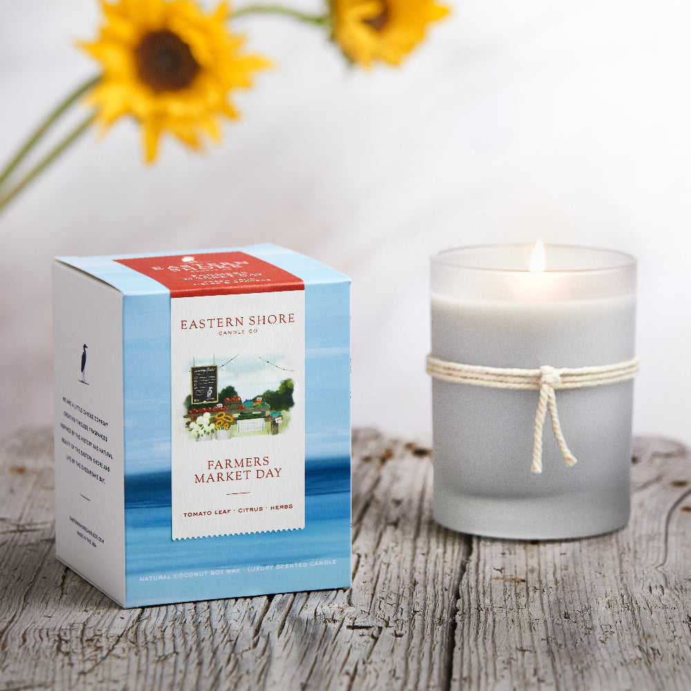 Farmers Market Day 10oz Candle with box, Eastern Shore Co. Scented candle, coconut soy wax, coastal candle, eastern shore, Chesapeake Bay, luxury candle, hand-poured, Maryland, Virginia, candle gift, coastal gift, Farmers Market Day, Farmer’s Market, Farmers Market, Farm, Tomato scent, Tomato leaf, tomato leaf scent, herbal candle, eastern shore farm, fresh herbs, hand-poured in very small batches, Cambridge MD