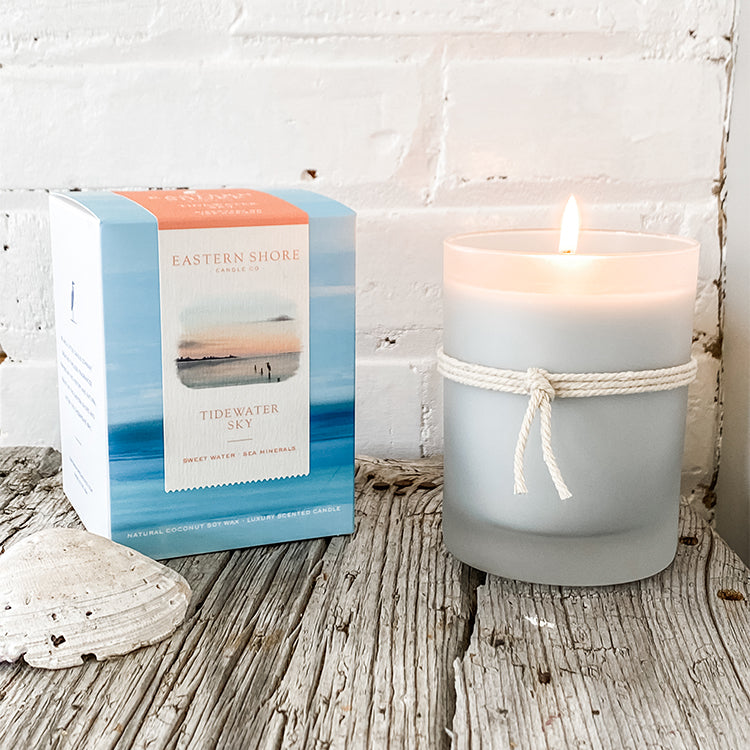Tidewater Sky 10oz candle with box, Eastern Shore Co, Hand Poured candles in very small batches,  Tidewater, dewy air, sea salt, cedar wood scent, on the dock, waterview, ozone scent, watery scent, Scented candle, coconut soy wax, coastal candle, eastern shore, Chesapeake Bay, luxury candle, hand-poured, Maryland, Virginia