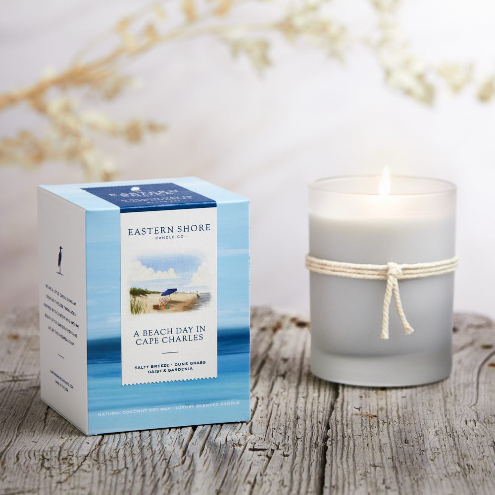 Beach Day in Cape Charles 10oz candle with box, Eastern Shore Candle Co., gardenia, dune grass, sea breeze, Scented candle, coconut soy wax, coastal candle, candle gift, coastal gift, eastern shore, Chesapeake Bay, luxury candle, hand-poured in very small batches, Maryland, Virginia, Cape Charles Virginia, Beach day, beach candle, coastal candle, scented candle, eastern shore, Chesapeake Bay