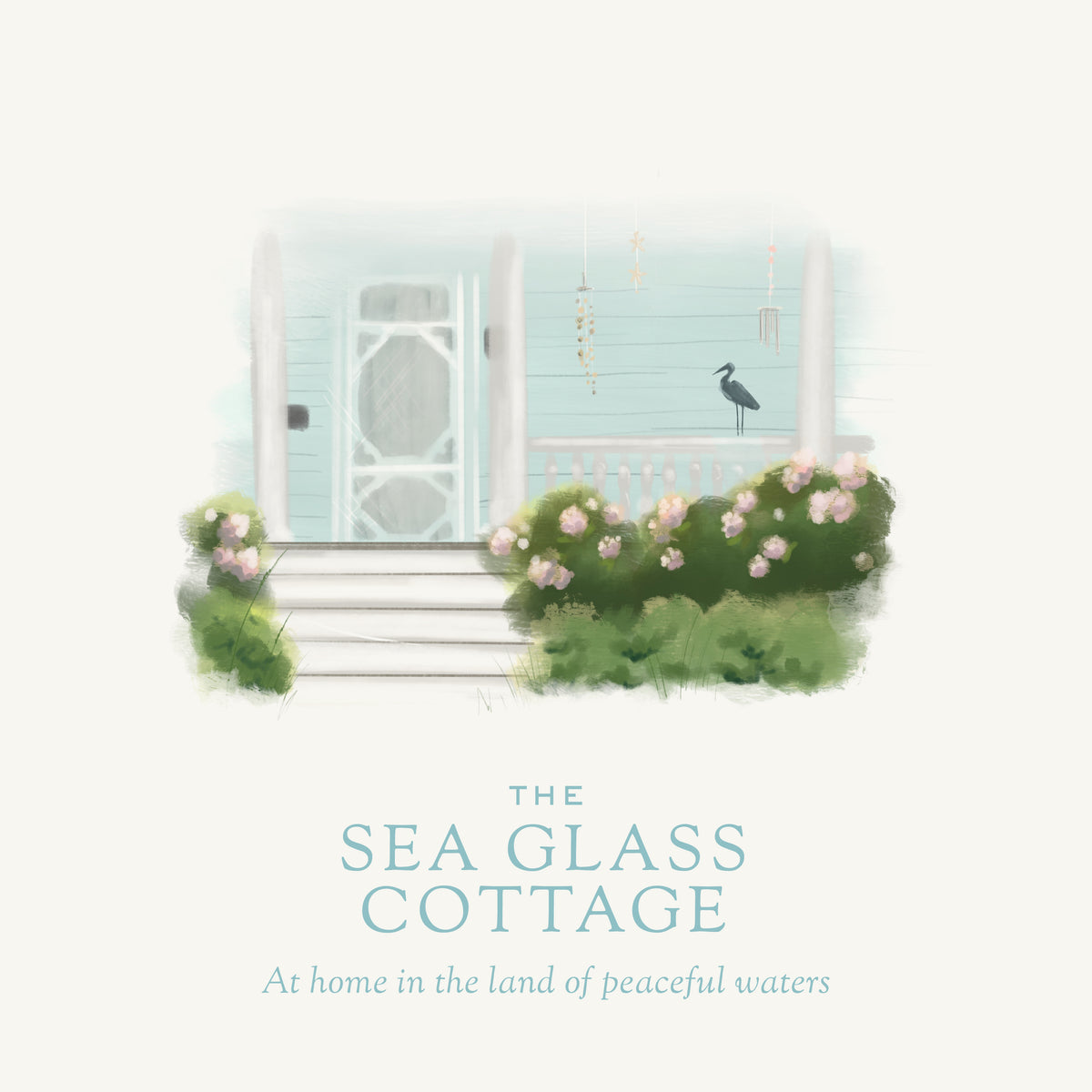 The Sea Glass Cottage candle illustration graphic.  Showing heron on the front railing on the garden home.   - coconut soy wax candle - cottage garden scent, seaside garden, geranium, jasmine, gardenia, roses, lily, magnolia, peony, seaside air, sea breeze, Scented candle, coastal candle, eastern shore, Chesapeake Bay, luxury candle, hand-poured, Maryland, Virginia
